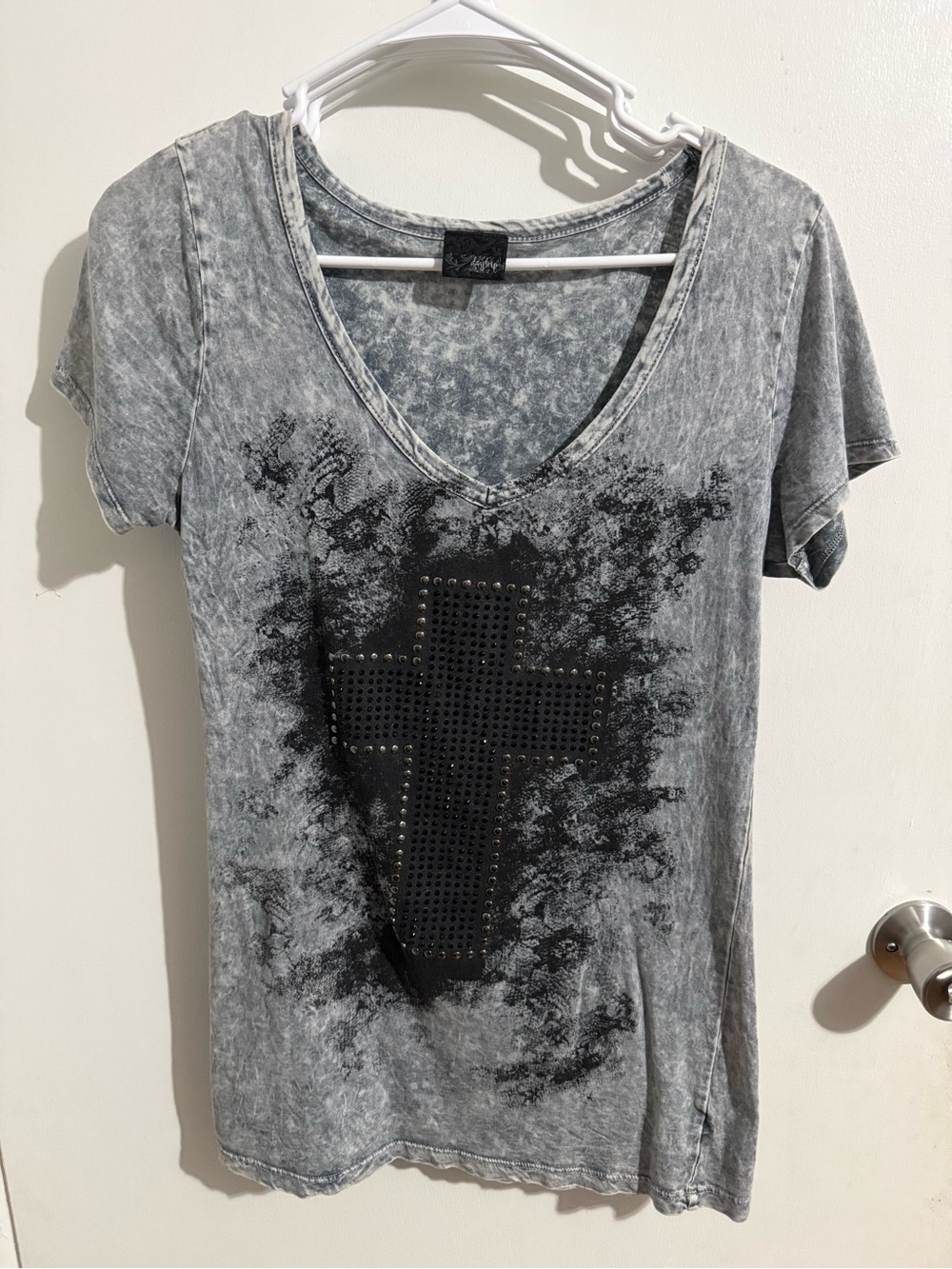 Daytrip Gray Acid-Wash V-Neck Tee with Studded Black Cross